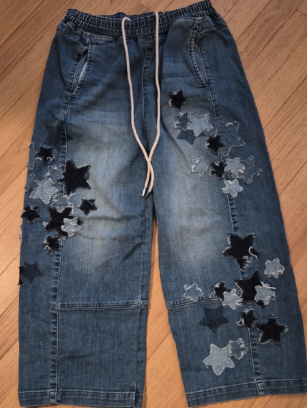 Pilcro Blue Elastic Waist Denim Pants with Star Detail